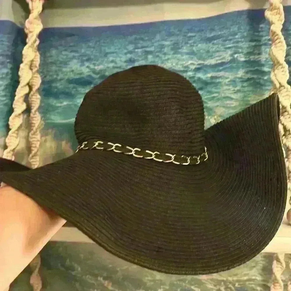 Black Straw Sun Hat With Chain Accent